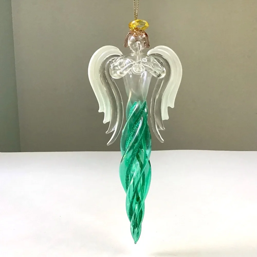 Angel Icicle Christmas Ornament Green Glitter Twisted Swirl Acrylic Wings Horn